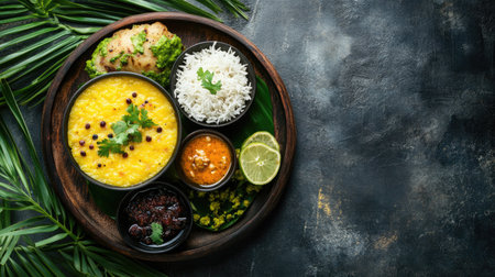 Top view of a South Indian breakfast plate with pongal, coconut chutney, and sambar. Copy space for text.の素材