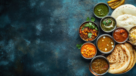 Top view of South Indian breakfast dosa with a variety of accompaniments: sambar, chutney, and pickles. Copy space included.の素材