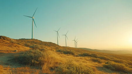Wind farm in the distance under a clear sky, symbolizing the power of renewable energy. Copy space for text.の素材
