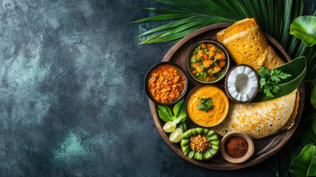 Traditional Sri Lankan breakfast with dosa, coconut sambol, and a side of fresh fruit. Top view with ample copy space.の素材