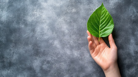 Top view of a hand holding a green leaf, symbolizing environmentally friendly practices. Ample copy space available.の素材