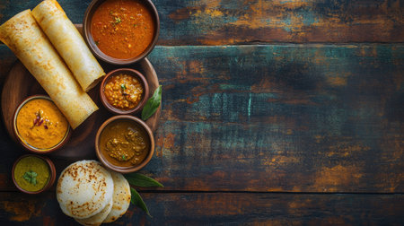Top view of a traditional South Indian breakfast spread: dosas, idlis, sambar, and chutneys. Vibrant and appetizing.の素材