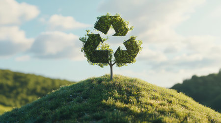 Tree in the shape of a recycling symbol growing on a grassy hill, representing sustainability. Copy space for text.の素材