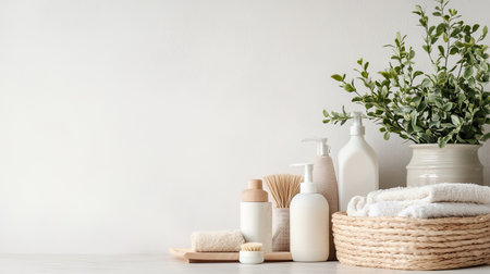Eco-friendly laundry products in reusable containers, placed on a neutral background. Copy space.の素材