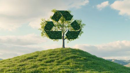 Tree in the shape of a recycling symbol growing on a grassy hill, representing sustainability. Copy space for text.の素材