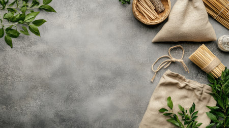 Top view of reusable products, such as fabric bags and bamboo items, emphasizing sustainability. Copy space.の素材