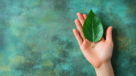 Top view of a hand holding a green leaf, symbolizing environmentally friendly practices. Ample copy space available.の素材
