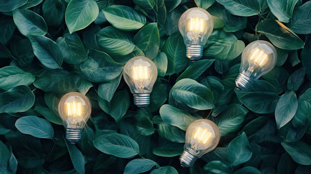 Top view of energy-efficient light bulbs surrounded by green leaves, representing sustainability. Copy space available.の素材