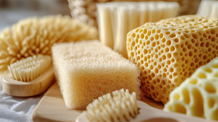 Close-up of natural fiber sponges and brushes, promoting environmentally friendly cleaning products. Copy space.の素材