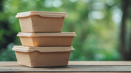 Compostable take-out containers stacked on a wooden surface, symbolizing eco-friendly food packaging.の素材