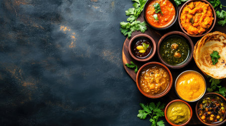Top view of South Indian breakfast dosa with a variety of accompaniments: sambar, chutney, and pickles. Copy space included.の素材