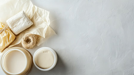 Biodegradable food wrap and reusable containers, symbolizing eco-friendly kitchen products. Copy space for text.の素材