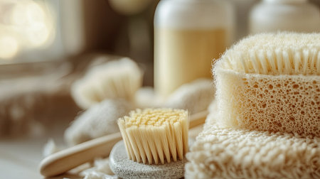 Close-up of natural fiber sponges and brushes, promoting environmentally friendly cleaning products. Copy space.の素材