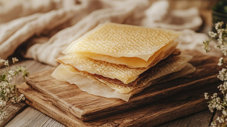 Reusable beeswax wraps on a wooden table, representing environmentally friendly alternatives to plastic.の素材