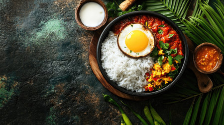 Traditional Sri Lankan breakfast: kiribath (milk rice) with lunu miris and coconut sambol. Top view with space for copy.の素材