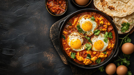 Traditional Sri Lankan breakfast: egg hoppers with spicy sambol and curry. Top view with ample room for copy.の素材