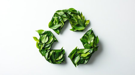 Top view of a recycling symbol made from green leaves on a clean white background. Sustainability concept, copy space.の素材