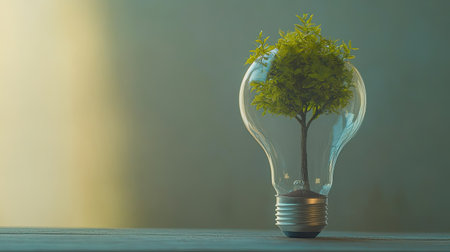 Tree growing inside a light bulb, symbolizing sustainable energy and eco-friendly solutions. Copy space.の素材