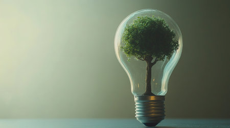 Tree growing inside a light bulb, symbolizing sustainable energy and eco-friendly solutions. Copy space.の素材