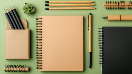 Top view of eco-friendly office supplies, including bamboo pens and recycled notebooks. Copy space.の素材