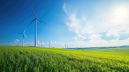 Wind turbines in a rural landscape under a blue sky, symbolizing eco-friendly energy solutions. Copy space available.の素材