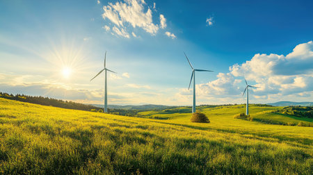 Wind turbines in a rural landscape under a blue sky, symbolizing eco-friendly energy solutions. Copy space available.の素材