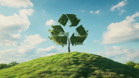 Tree in the shape of a recycling symbol growing on a grassy hill, representing sustainability. Copy space for text.の素材