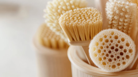 Close-up of natural fiber sponges and brushes, promoting environmentally friendly cleaning products. Copy space.の素材