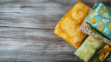 Reusable beeswax wraps on a wooden table, representing environmentally friendly alternatives to plastic.の素材