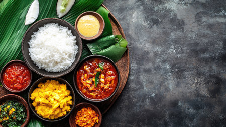 Traditional Sri Lankan breakfast: kiribath (milk rice) with lunu miris and coconut sambol. Top view with space for copy.の素材