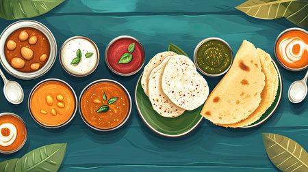 Top view of a traditional South Indian breakfast spread: dosas, idlis, sambar, and chutneys. Vibrant and appetizing.の素材