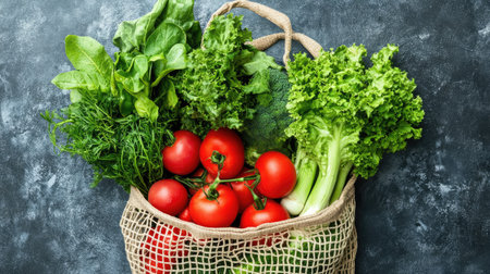 Top view of a reusable grocery bag filled with fresh organic produce, promoting eco-friendly lifestyle choices.の素材