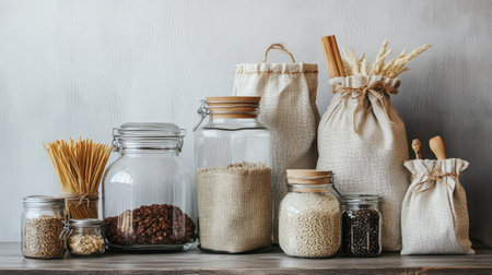 Set of glass jars and reusable fabric bags, promoting eco-friendly storage solutions. Ample room for textの素材