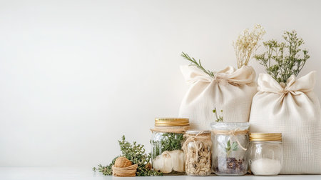 Reusable cotton bags and glass jars, symbolizing eco-friendly shopping habits. Ample copy space.の素材