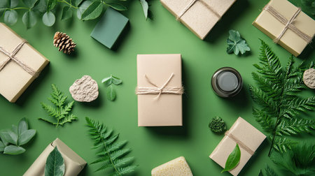Top view of eco-friendly packaging with a natural aesthetic, symbolizing sustainable product choices.の素材