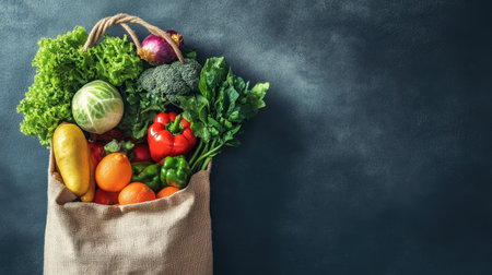 Top view of a reusable grocery bag filled with fresh organic produce, promoting eco-friendly lifestyle choices.の素材