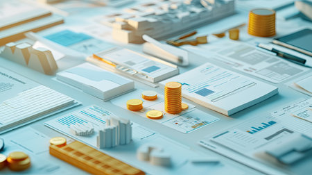 3D cost structure visualization with various expense categories and copy spaceの素材