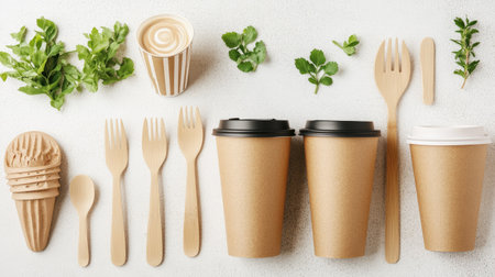 Compostable coffee cups and biodegradable utensils, promoting eco-friendly alternatives to single-use plastics.の素材
