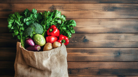Top view of a reusable grocery bag filled with fresh organic produce, promoting eco-friendly lifestyle choices.の素材