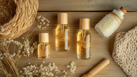 Top view of a set of eco-friendly skincare items in glass bottles, placed on a natural wooden background.の素材