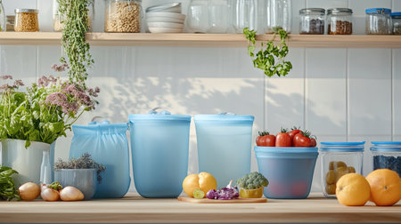 Reusable silicone food bags and glass containers, promoting sustainable kitchen storage solutions. Copy space available.の素材