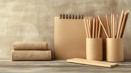 Set of eco-friendly stationery products, including recycled paper and wooden pencils. Ample copy space for text.の素材