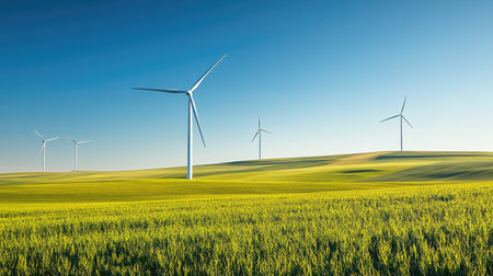 Wind farm in a rural landscape with a clear blue sky, emphasizing renewable energy and sustainability. Copy space.の素材