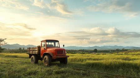A South Asian agricultural vehicle parked in a field, with copy space. No peopleの素材