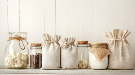 Set of glass jars and reusable fabric bags, promoting eco-friendly storage solutions. Ample room for textの素材