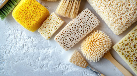 Close-up of natural fiber sponges and brushes, promoting environmentally friendly cleaning products. Copy space.の素材