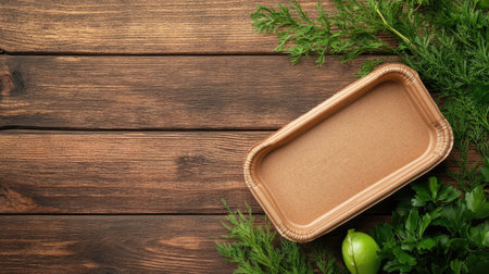 Top view of a compostable food container on a wooden table, promoting eco-friendly packaging. Copy space available.の素材