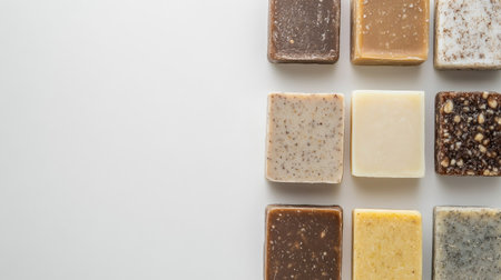 Biodegradable soap bars in eco-friendly packaging, laid out on a clean white background. Copy space available.の素材