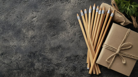 Set of eco-friendly stationery products, including recycled paper and wooden pencils. Ample copy space for text.の素材