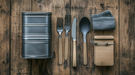 Reusable metal containers and cutlery, placed on a wooden table, symbolizing eco-friendly food storage solutions.の素材